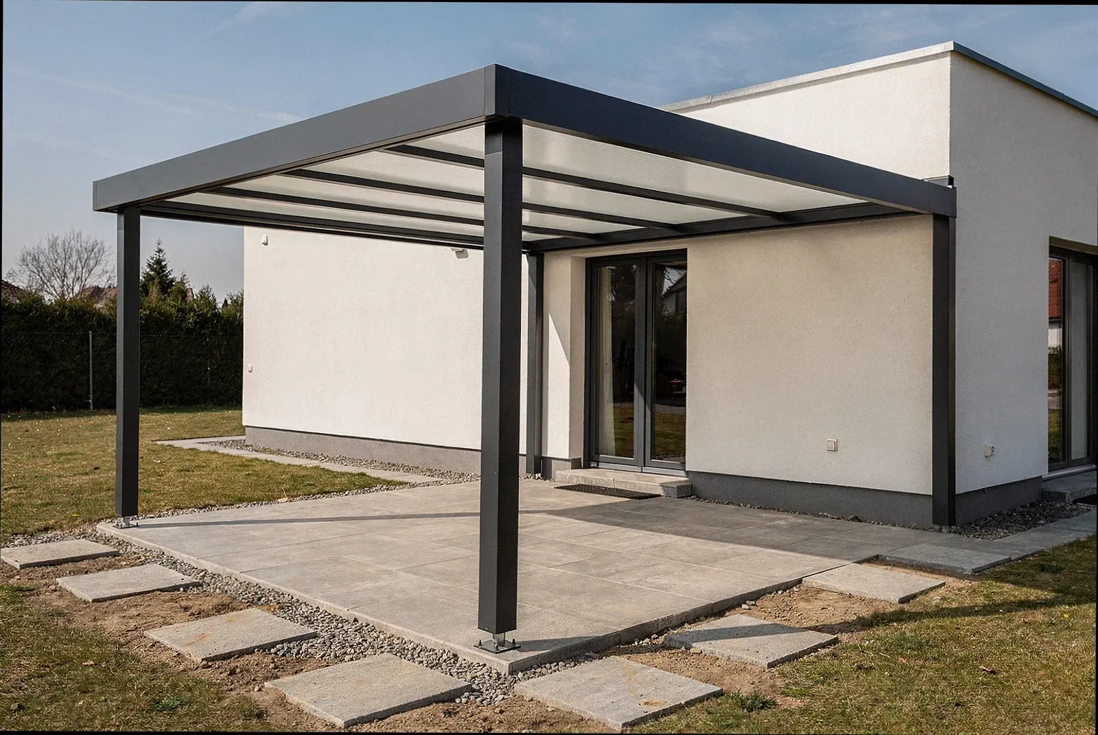 Fertig montierte Terrassenüberdachung mit Wandanschluss an einem Reihenhaus in Hamburg